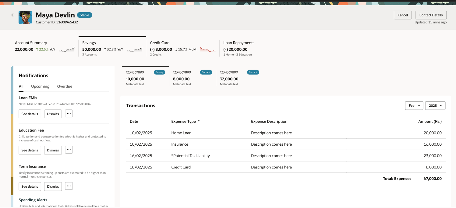 Customer account and transaction details
