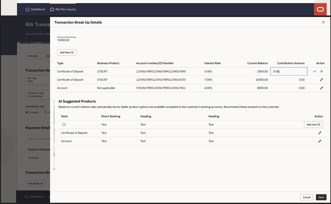 Early AI suggested products table for IRA contribution