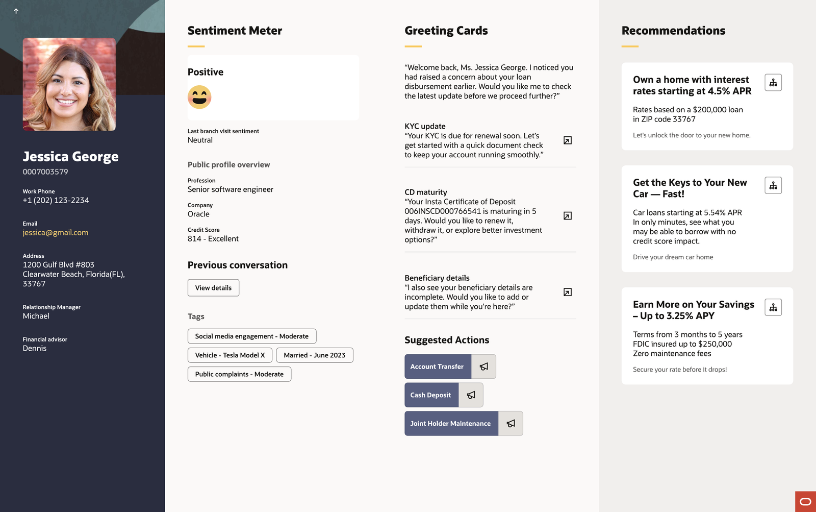 Customer sentiment, greeting guidance, actions and recommendations