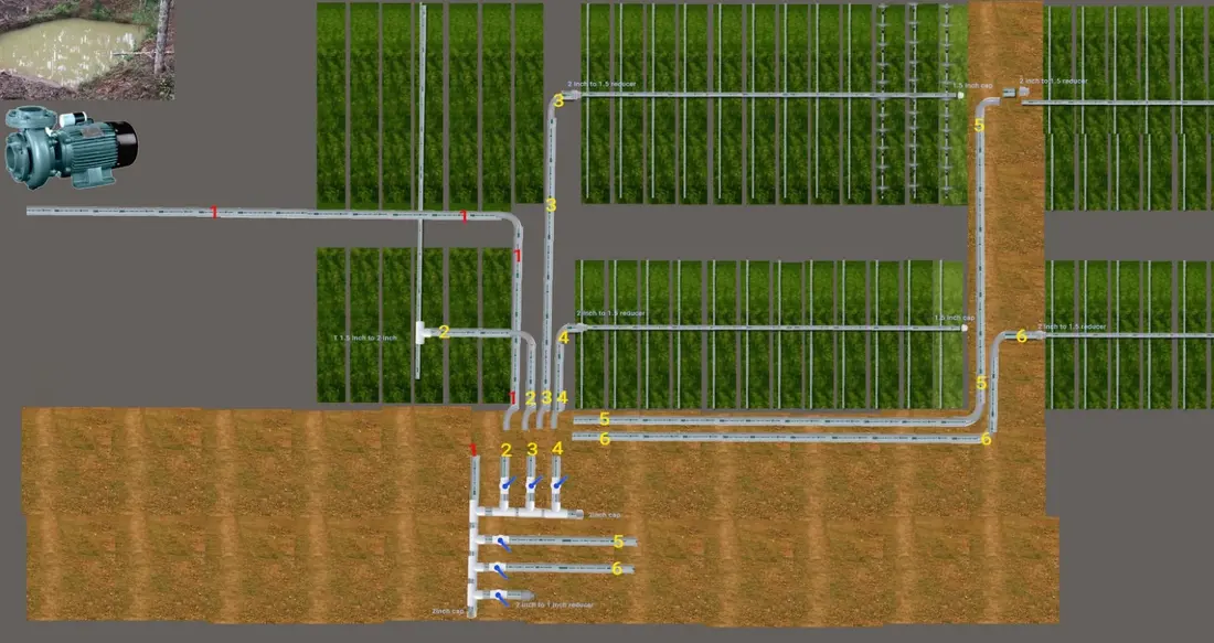 Revised irrigation plan showing the numbered zone pipes connected to a group of valves in one central location