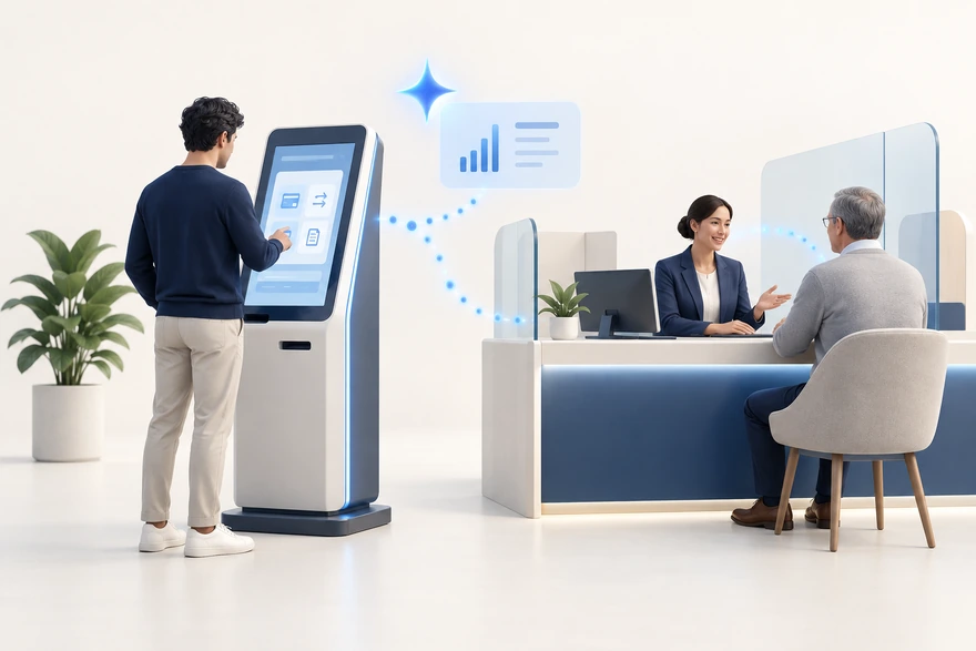 Concept illustration of a self-service banking kiosk connected to a teller counter with AI-assisted guidance