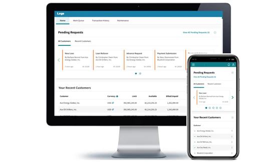 Commercial loan servicing interface displayed on desktop and mobile devices
