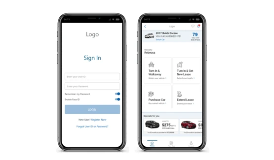 End of term lease mobile application sign-in and customer options screens