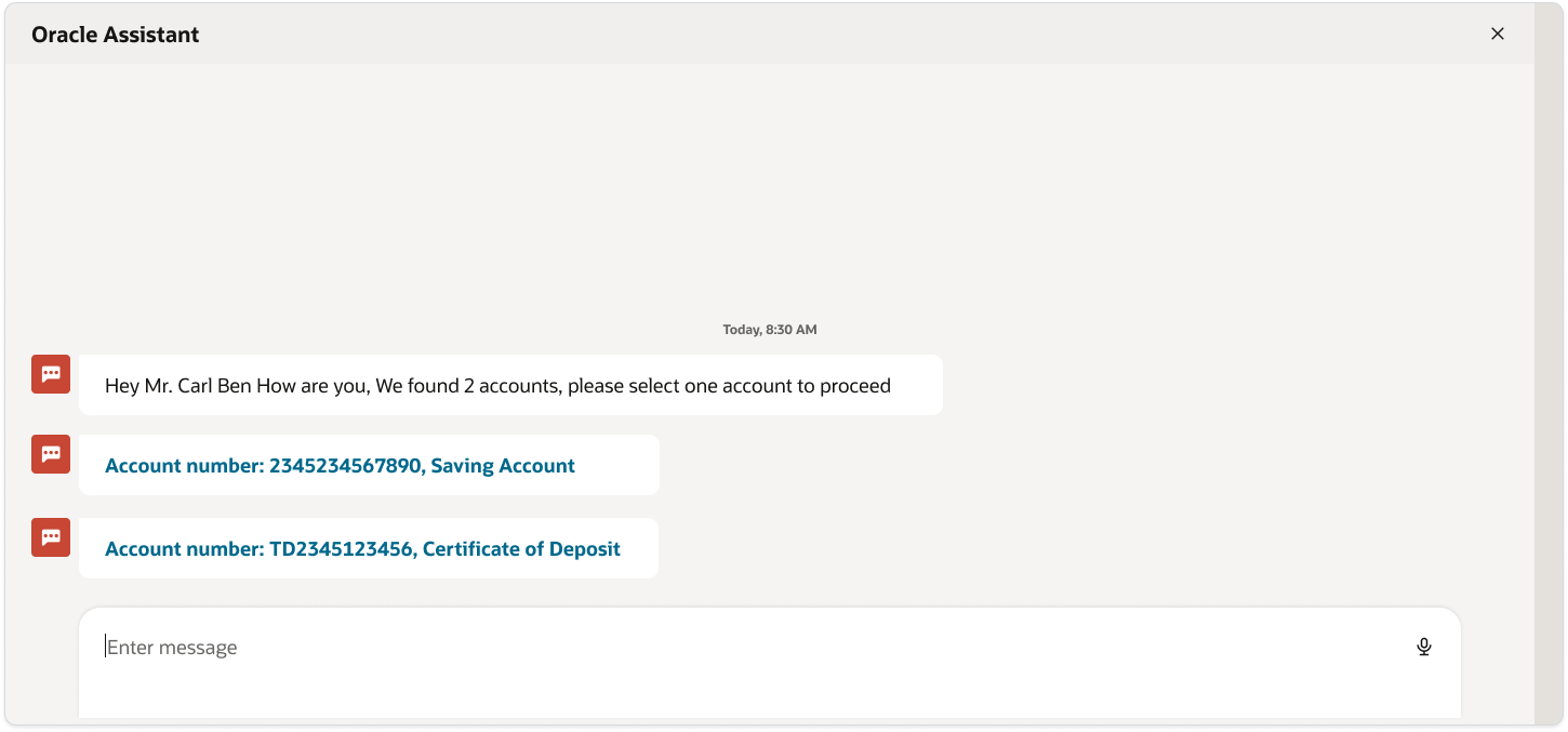 Oracle Assistant welcoming the customer and listing two accounts for selection