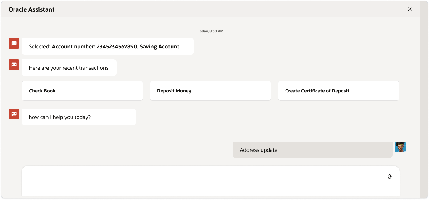 Customer submits an address update request in Oracle Assistant