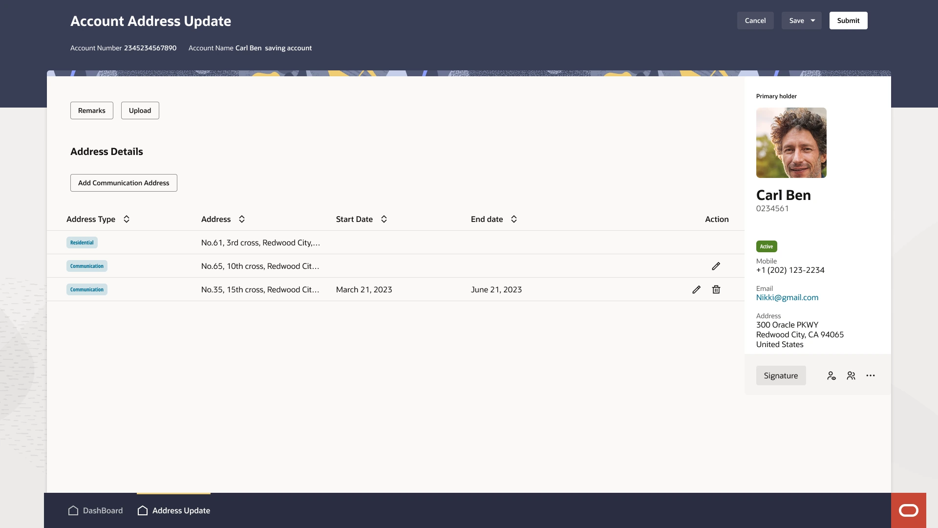 Pre-filled account address update screen for teller review