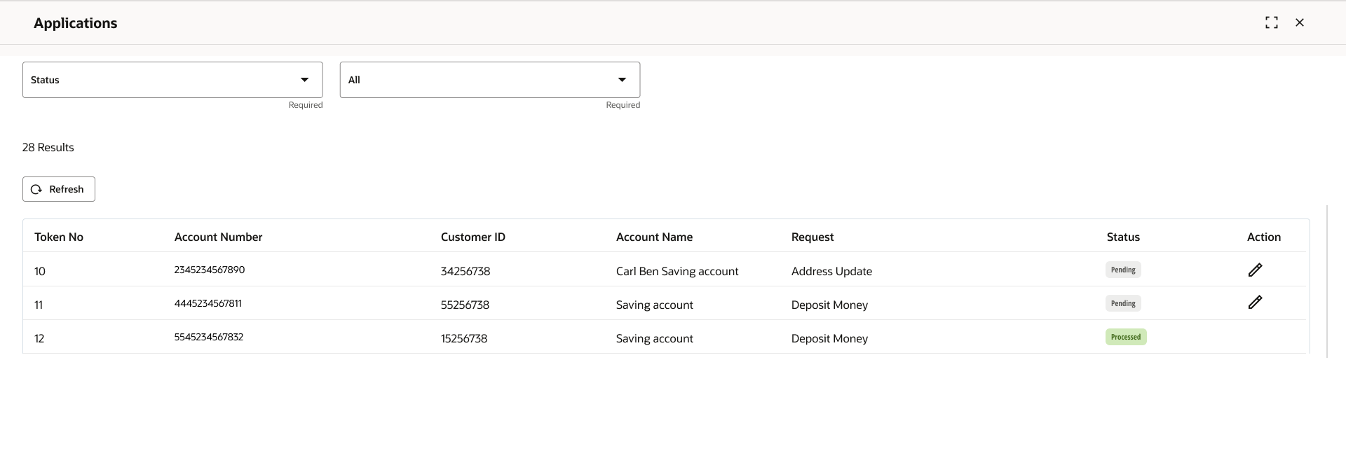 Application queue listing token number, account, customer, request, status and action