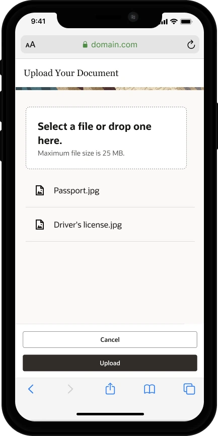 Mobile upload screen listing the selected identity documents