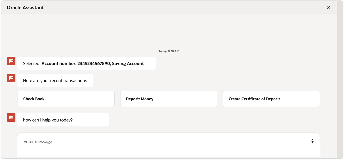 Oracle Assistant showing recent or frequent actions and asking how it can help