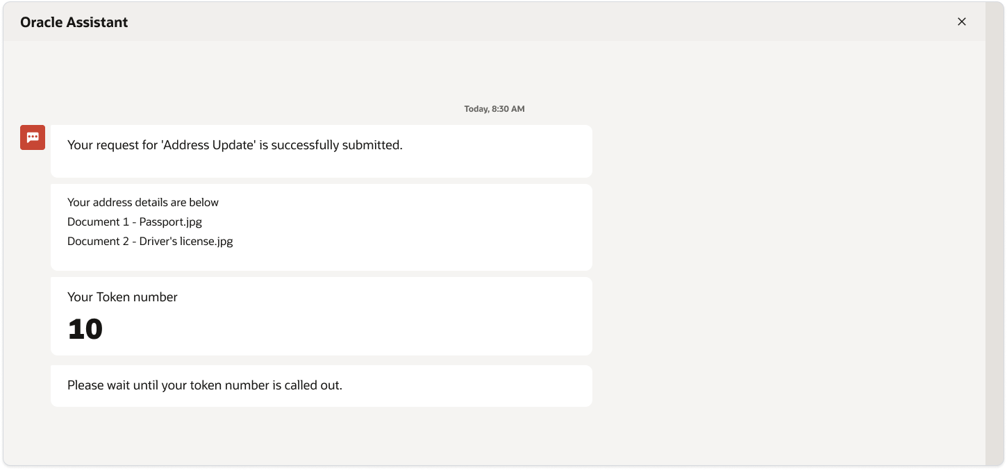 Oracle Assistant confirms address update submission and generates token number 10